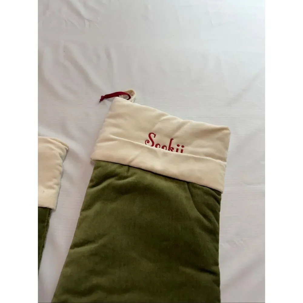 Pottery Barn Classic Med Green Ivory Velvet Christmas Stocking Mono Pick One